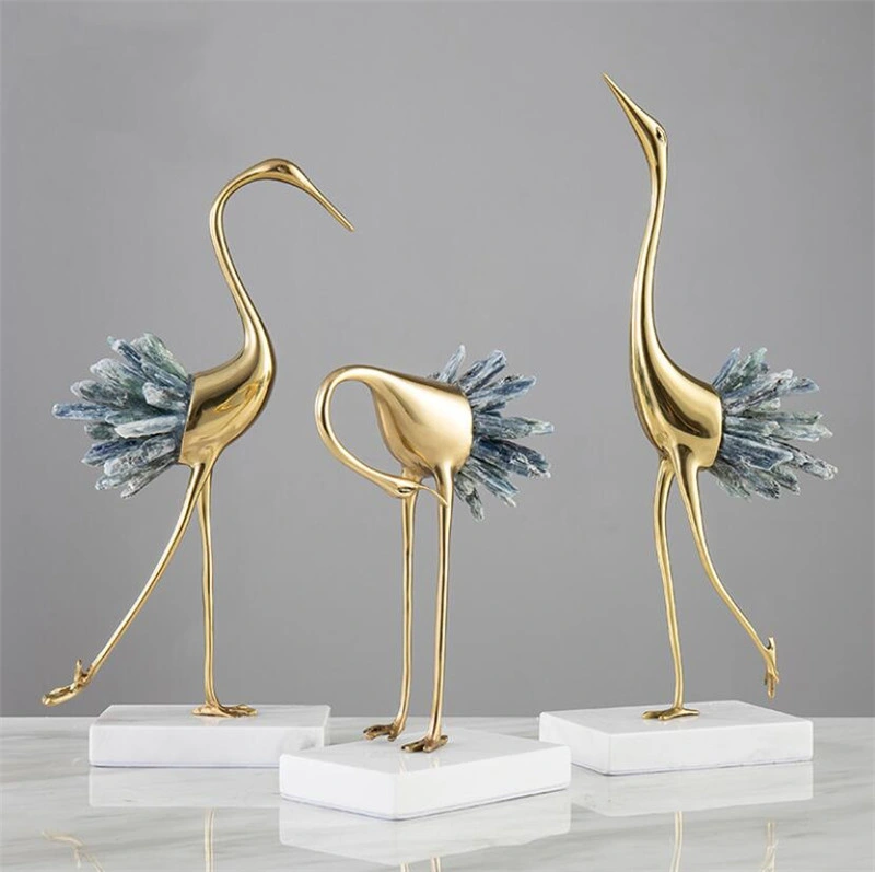 Natural Crystal Crane Decoration Living Room Cabinet Home Decoration Modern Light Luxury Brass Crane Home Decor Accessories